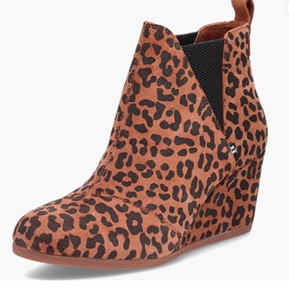 TOMS Kelsey Suede Ankle Bootie Wedge, Dark Ember Leopard Print, Size 5 - Picture 1 of 12